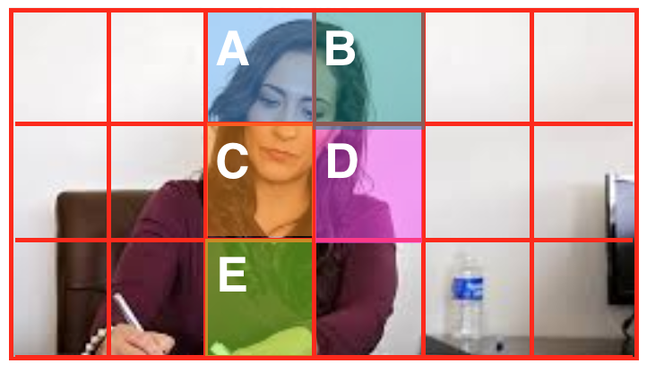 An image of a woman working broken into a grid of cells; 5 of which are labelled: A, B, C, D, and E.